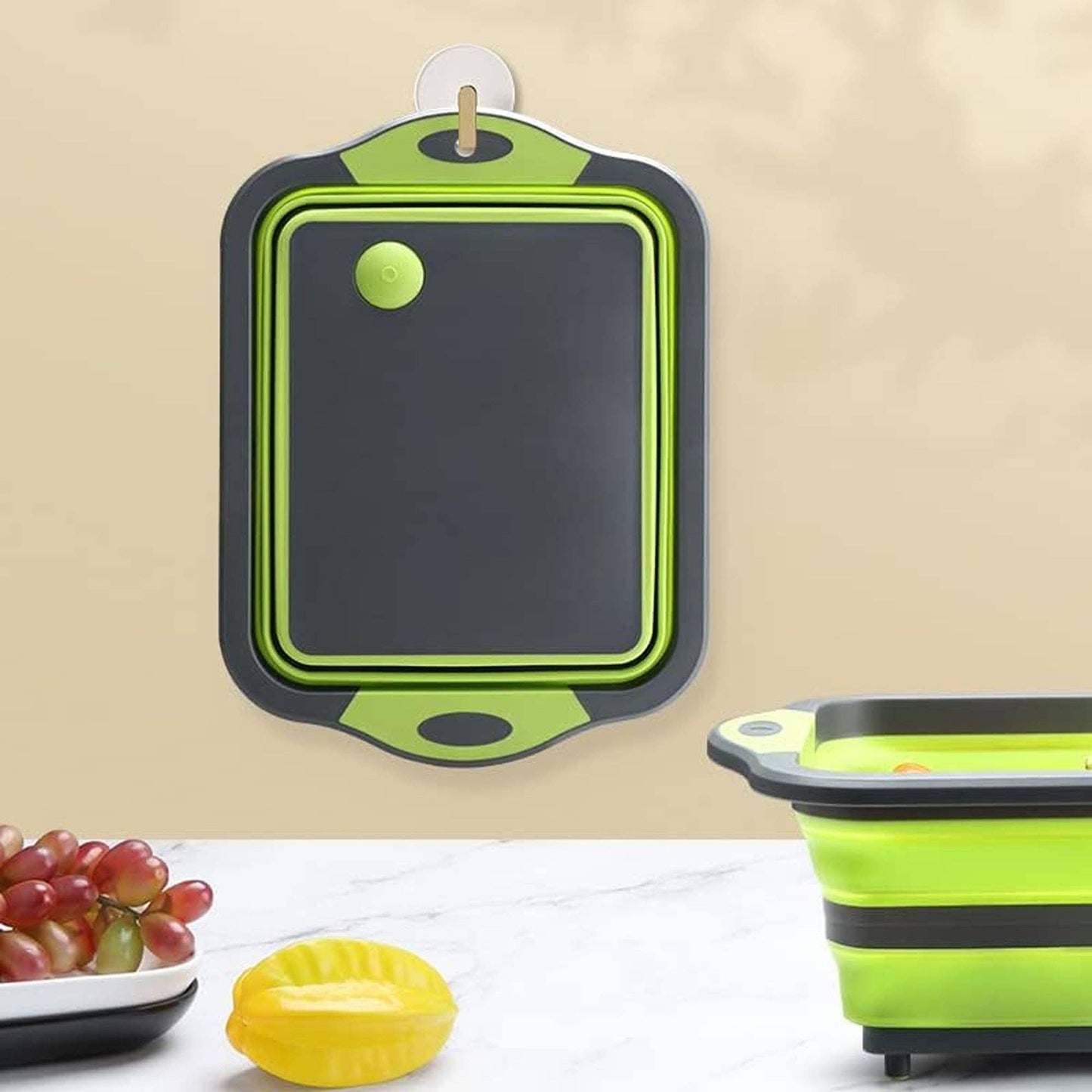 Collapsible Cutting Board - Portable Multi-Purpose Dish Tub (Green & Grey)