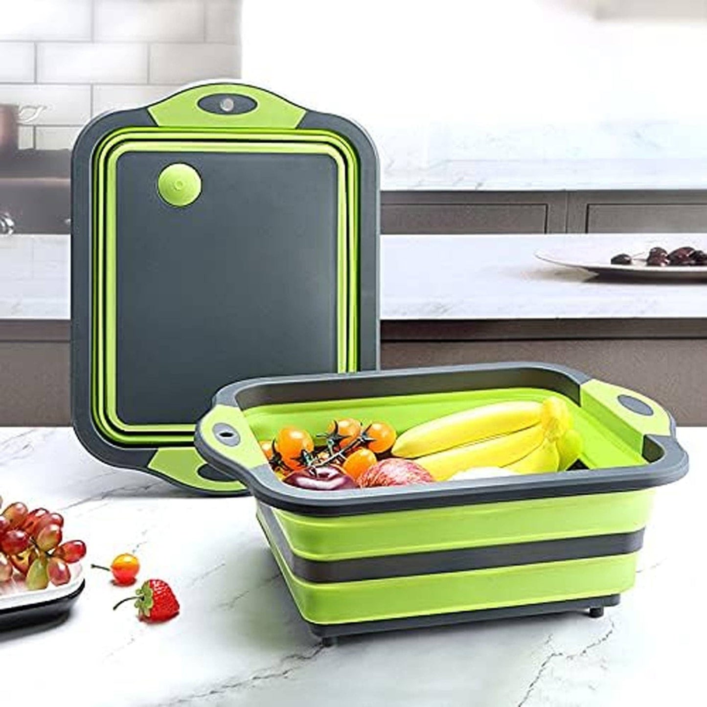 Collapsible Cutting Board - Portable Multi-Purpose Dish Tub (Green & Grey)