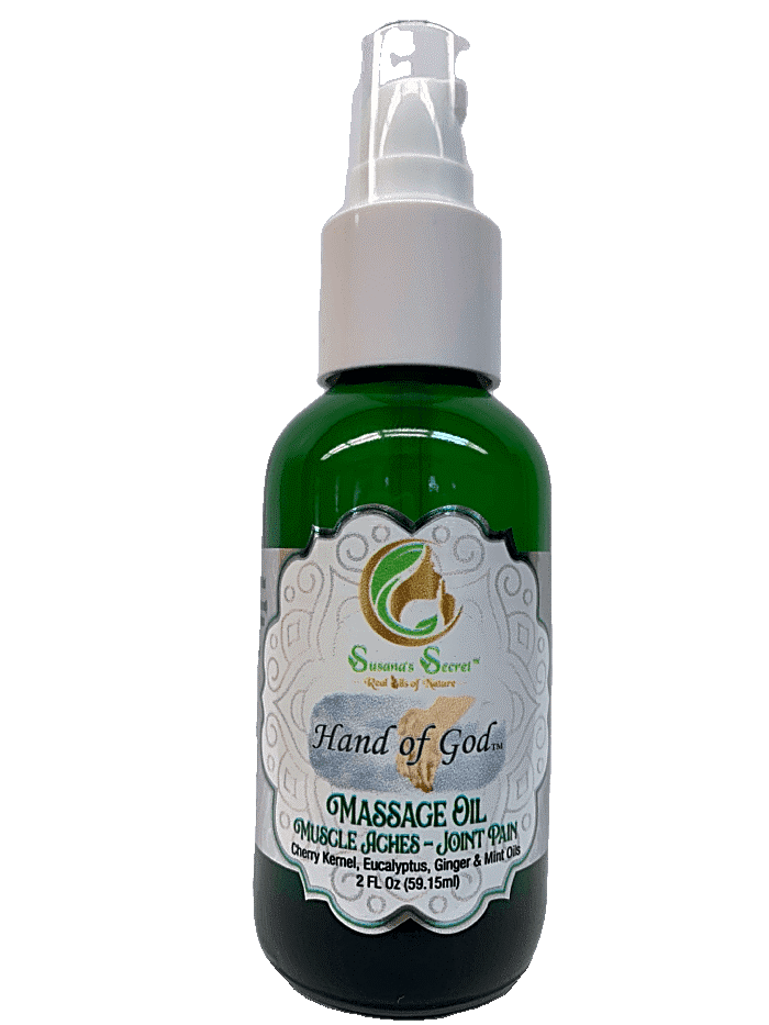 "HAND OF GOD"- Massage Oil- w/Cherry Kernel, Eucalyptus & Mint Oils. Muscle Aches & Joint Pain- 100% PURE, Therapeutic-Grade, 2 FL Oz/59.15 ml- Glass bottle w/treatment pump