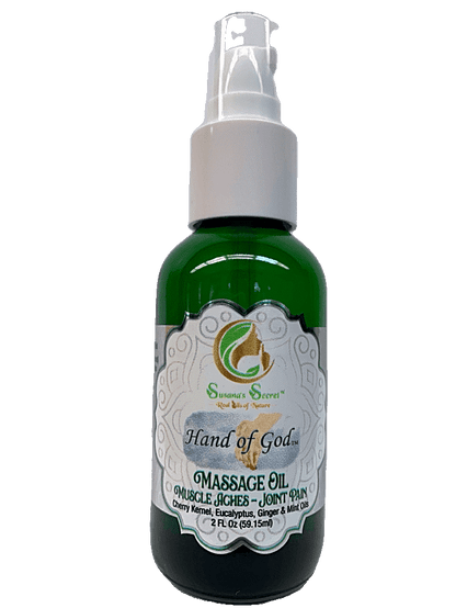 "HAND OF GOD"- Massage Oil- w/Cherry Kernel, Eucalyptus & Mint Oils. Muscle Aches & Joint Pain- 100% PURE, Therapeutic-Grade, 2 FL Oz/59.15 ml- Glass bottle w/treatment pump