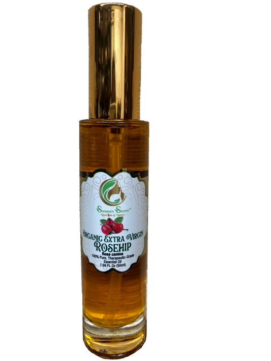 ROSA MOSQUETA (ROSEHIP)- (BELLEZA)- Aceite Orgánico Extra Virgen- Prensado en Frío- 100% PURO, Grado Terapéutico,1.69 FL Oz/50 ml- Botella de vidrio con bomba de tratamiento cosmético dorada